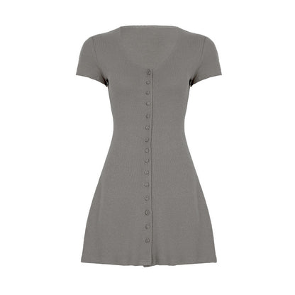 Lover's Memory Style V-neck Knitted Dress with Single Breasted Buttons for Slimming and Elegant Fit