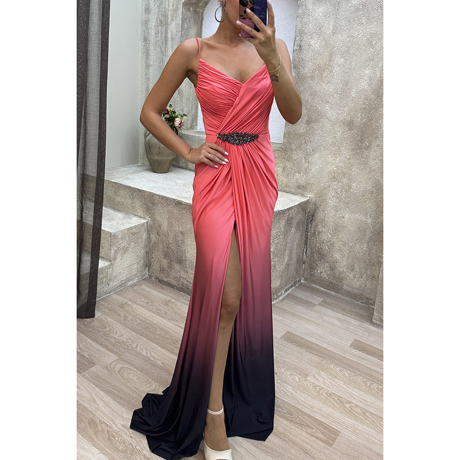 Elegant Party Strapless Slit Dress Loose Flare Dress