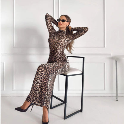 Style Autumn New Fashion Leopard Print Stand Collar Long Sleeve Long Dress Women