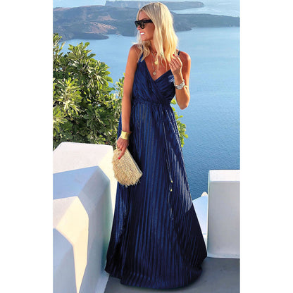 Sexy Strapless Pleated Dress with INS Belt Loose Flare Dress