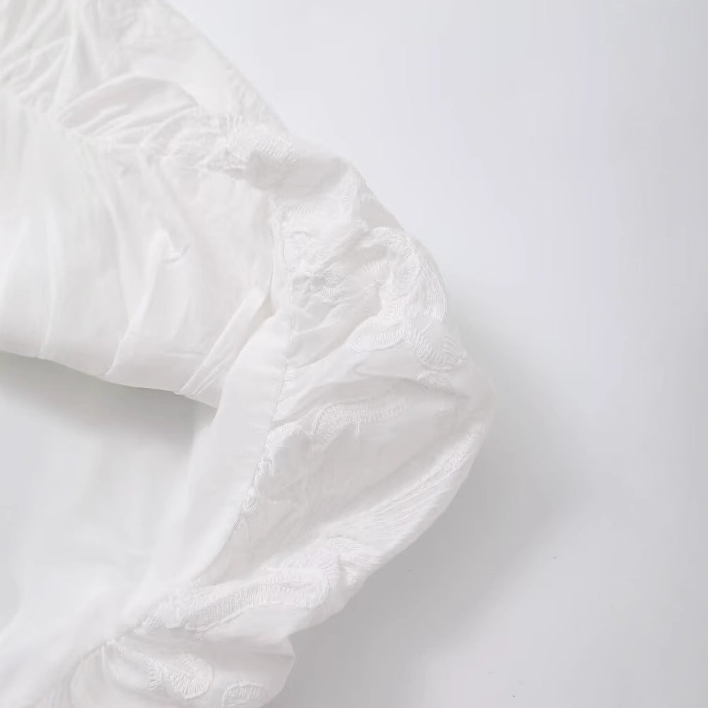 V-neck bubble sleeve waist cinched embroidered dress for women