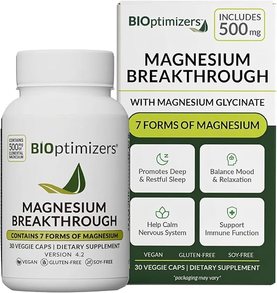 BiOptimizers Magnesium Breakthrough – 7 Forms of Magnesium, 500mg, 30 Vegan Capsules