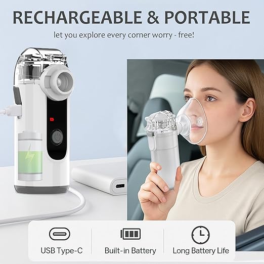 Portable Handheld Nebulizer Machine | Rechargeable Mesh Nebulizer with Self-Clean Mode (Home, Office & Travel)