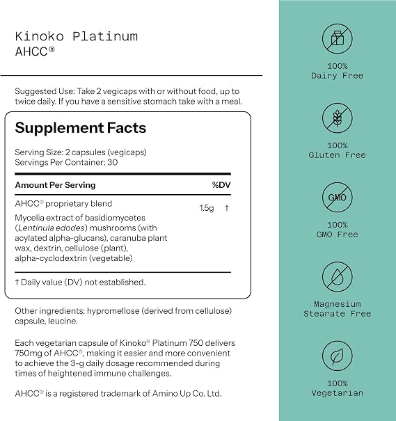 Quality of Life Kinoko Platinum AHCC – Immune Support Supplement, 60 Veggie Capsules