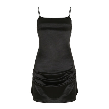 Noble Style Sexy U-neck Pleated Waist-hugging Strapless Dress Elegant Backless Satin Short Skirt
