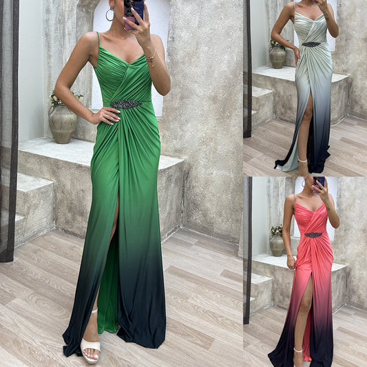 Elegant Party Strapless Slit Dress Loose Flare Dress