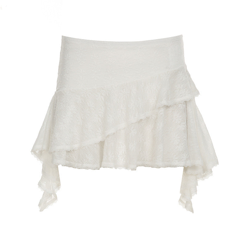 Sweet Ballet Style Irregular Hem Double Layer Lace Short Skirt Petite Fit Low Waist Versatile A-line Skirt