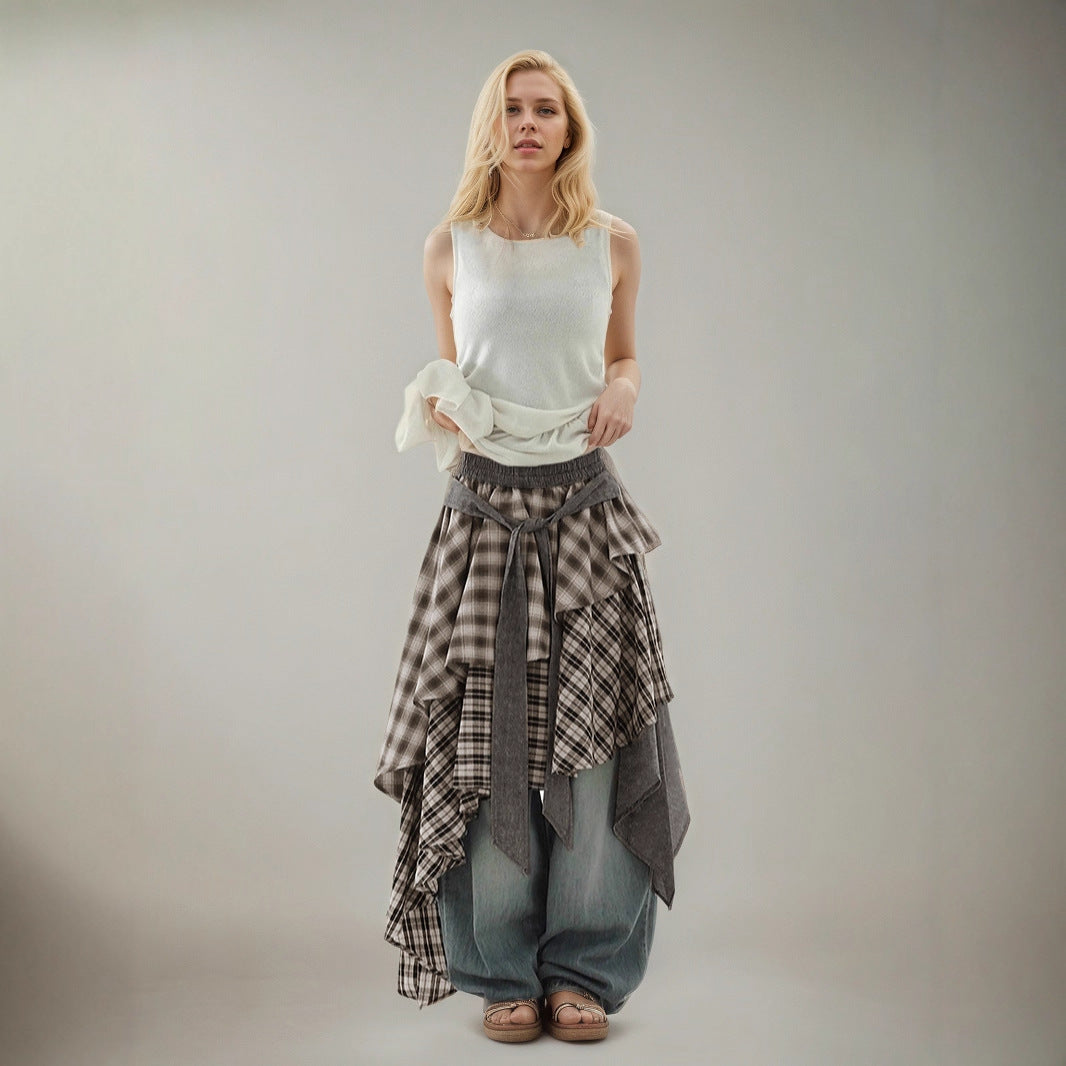 Color Block Plaid Irregular Hem Skirt High Street Spicy  Layered Elastic Waist Loose A-Line Casual Long Skirt
