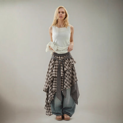Color Block Plaid Irregular Hem Skirt High Street Spicy  Layered Elastic Waist Loose A-Line Casual Long Skirt