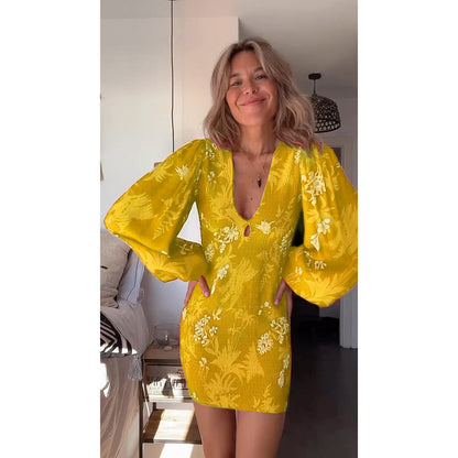 Pleated Long Sleeve Sexy V-Neck Dress Casual Loose Vacation Fitted Skirt