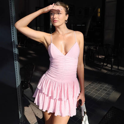 Sweet Pink Deep V-neck Strapless Dress with Ruffled Waist and Pleated Skirt