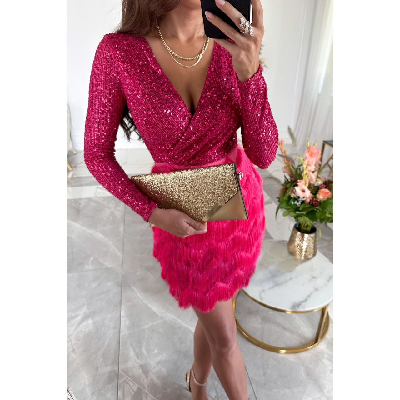 Gathering Sequin Multi-color Dress INS Casual Loose Women's Dress