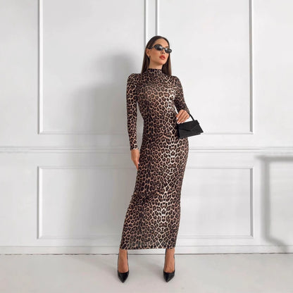 Style Autumn New Fashion Leopard Print Stand Collar Long Sleeve Long Dress Women