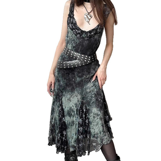 Gothic Vintage Tie-Dye Floral Ruffle Irregular Hem Dress with Sexy Lace Mesh Sleeveless Long Skirt