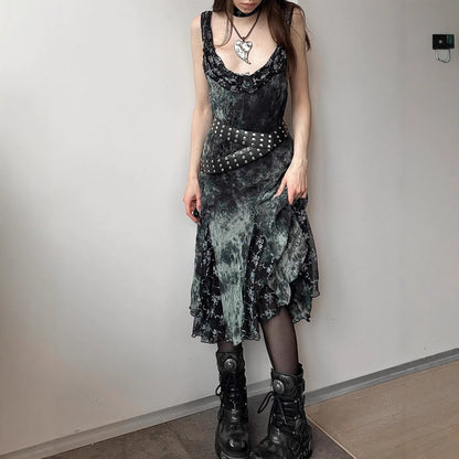 Gothic Vintage Tie-Dye Floral Ruffle Irregular Hem Dress with Sexy Lace Mesh Sleeveless Long Skirt