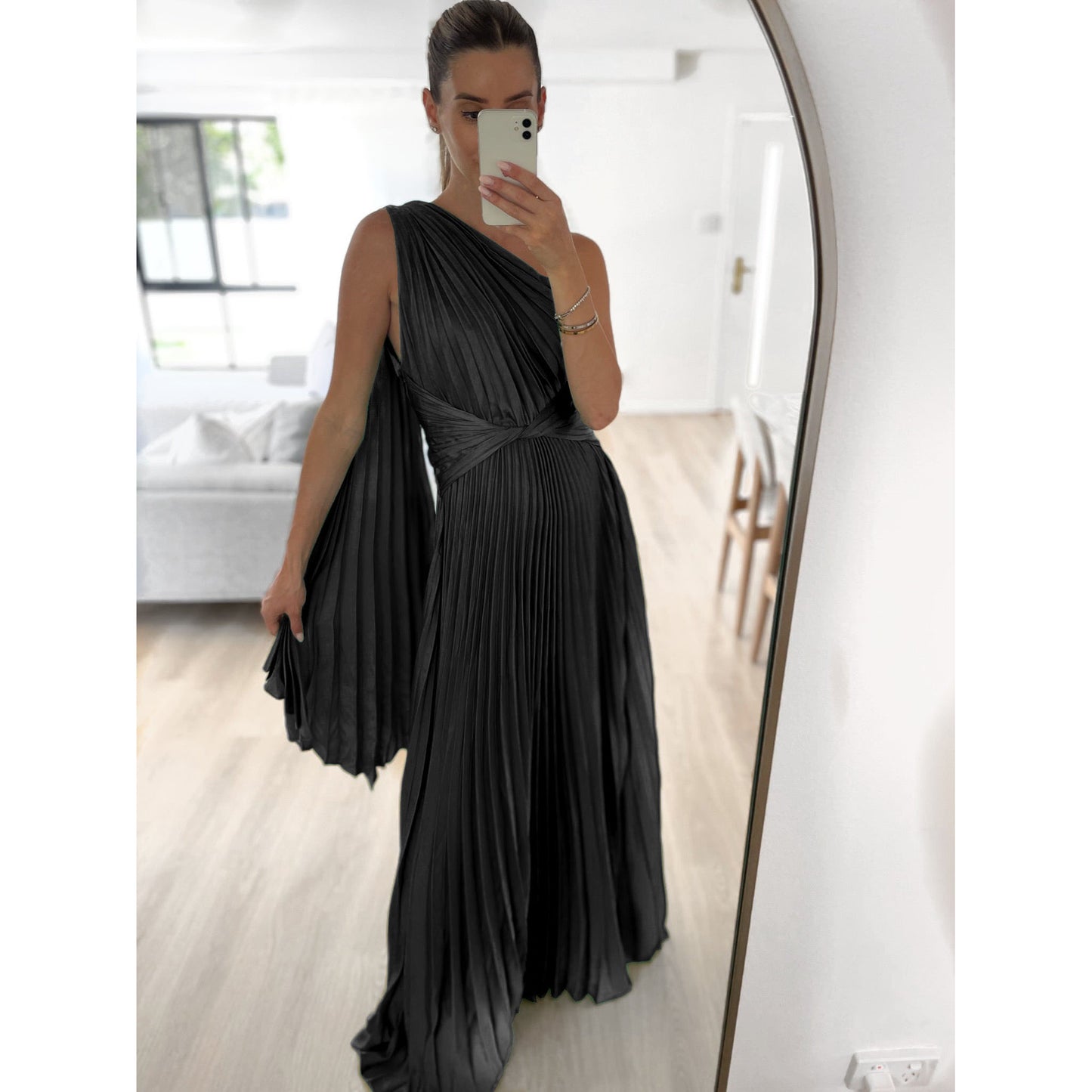 Off-the-Shoulder Pleated Casual Dress Loose Holiday Party Long Women's Dress