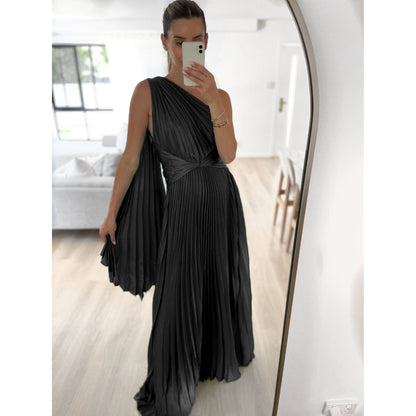 Off-the-Shoulder Pleated Casual Dress Loose Holiday Party Long Women's Dress