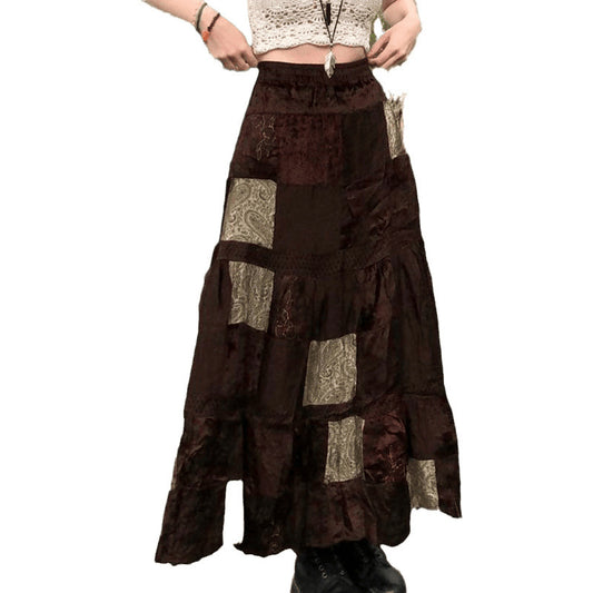 Retro Totem Print Vintage Skirt Design Sense Low Waist Color Block Loose Slim Velvet Long Skirt