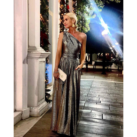 Gold-Stamped Off-the-Shoulder Pocket Flared Dress for Casual and Party Gatherings