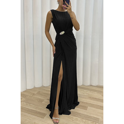 Pleated Slit Casual Dress INS Sleeveless Fashion Dress Evening Gown Women