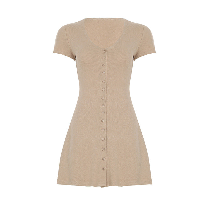 Lover's Memory Style V-neck Knitted Dress with Single Breasted Buttons for Slimming and Elegant Fit