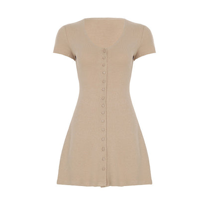 Lover's Memory Style V-neck Knitted Dress with Single Breasted Buttons for Slimming and Elegant Fit