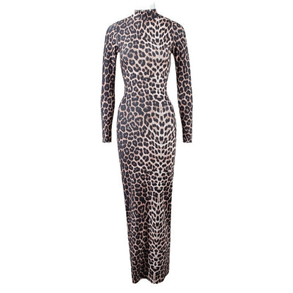Style Autumn New Fashion Leopard Print Stand Collar Long Sleeve Long Dress Women