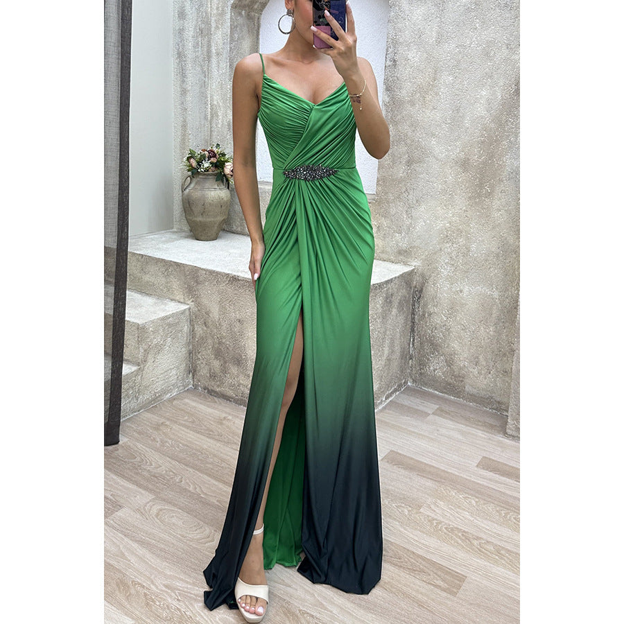 Elegant Party Strapless Slit Dress Loose Flare Dress