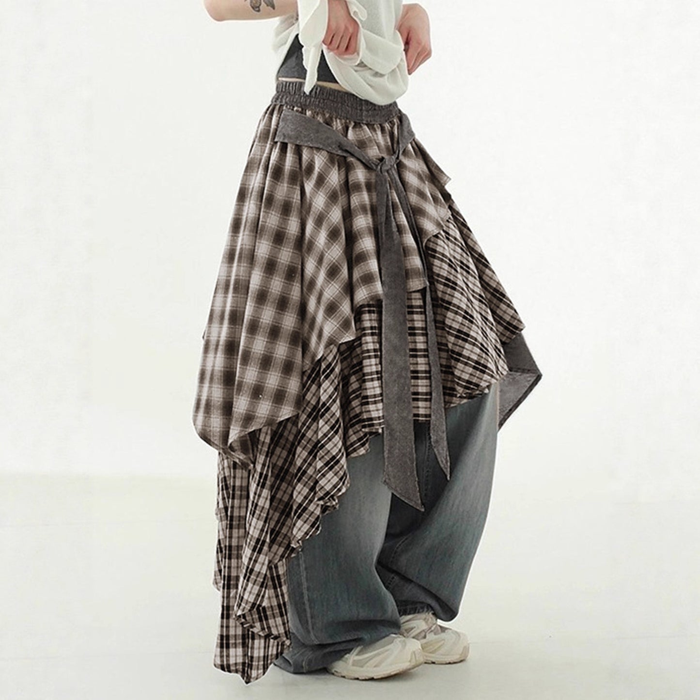 Color Block Plaid Irregular Hem Skirt High Street Spicy  Layered Elastic Waist Loose A-Line Casual Long Skirt