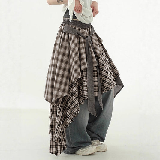 Color Block Plaid Irregular Hem Skirt High Street Spicy  Layered Elastic Waist Loose A-Line Casual Long Skirt