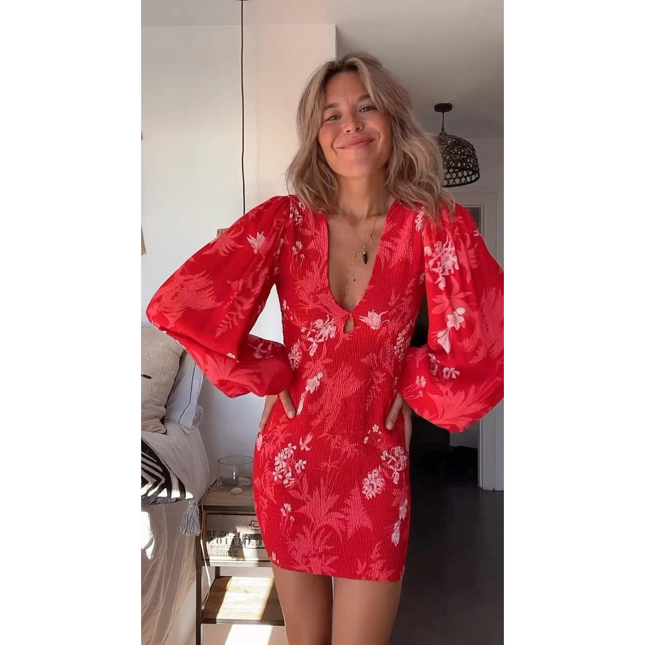 Pleated Long Sleeve Sexy V-Neck Dress Casual Loose Vacation Fitted Skirt