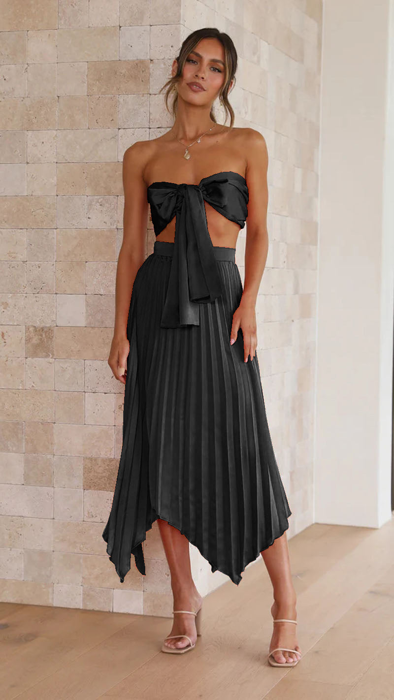 Sexy Multi-Pressure Pleated Skirt Set with Adjustable Belt Spring Summer Fashion Two-Piece Suit for Casual Vacation
