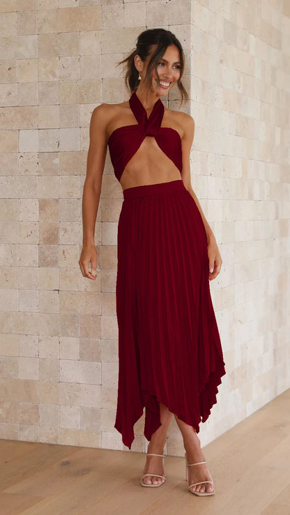 Sexy Multi-Pressure Pleated Skirt Set with Adjustable Belt Spring Summer Fashion Two-Piece Suit for Casual Vacation