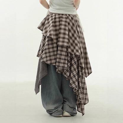 Color Block Plaid Irregular Hem Skirt High Street Spicy  Layered Elastic Waist Loose A-Line Casual Long Skirt