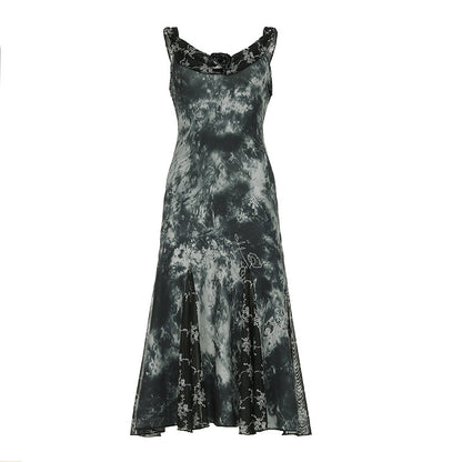 Gothic Vintage Tie-Dye Floral Ruffle Irregular Hem Dress with Sexy Lace Mesh Sleeveless Long Skirt