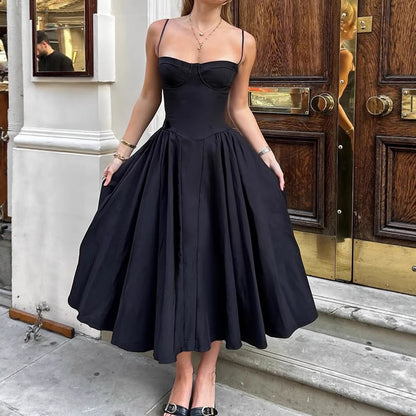 Low Neck Strapless Dress Elegant Waist Design High-End Flared A-Line Dress