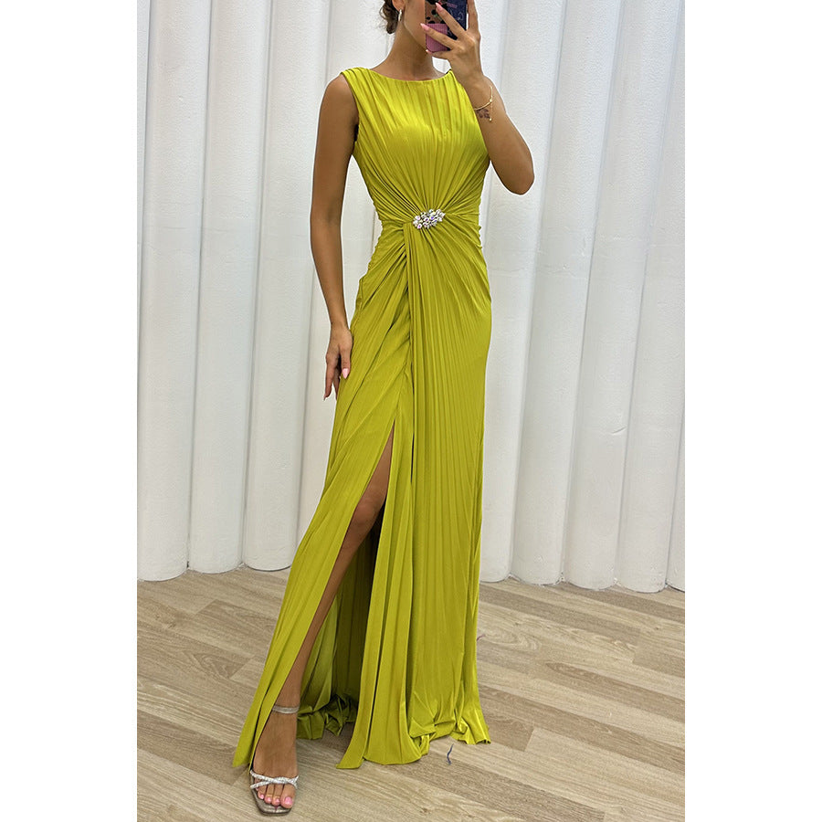Pleated Slit Casual Dress INS Sleeveless Fashion Dress Evening Gown Women