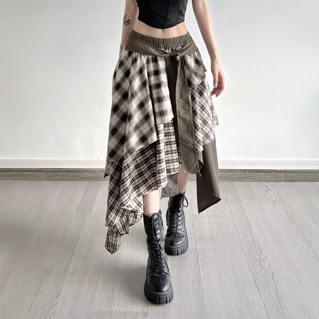 Color Block Plaid Irregular Hem Skirt High Street Spicy  Layered Elastic Waist Loose A-Line Casual Long Skirt