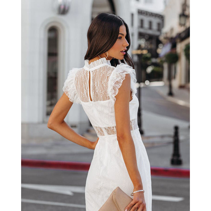 Sexy Transparent Lace Dress with Ruffle Sleeves Style Spring Fashion