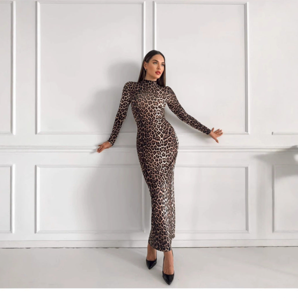 Style Autumn New Fashion Leopard Print Stand Collar Long Sleeve Long Dress Women