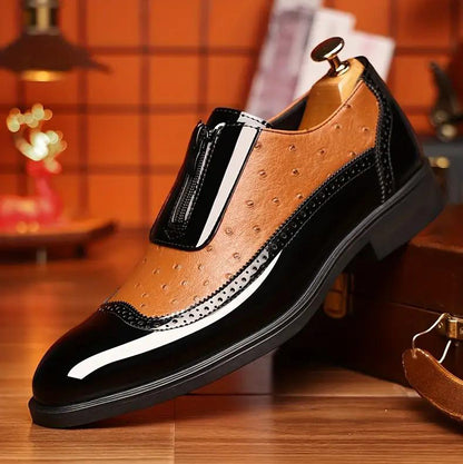 Embossed zipper pointed men shoes