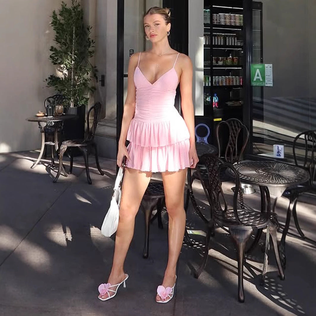 Sweet Pink Deep V-neck Strapless Dress with Ruffled Waist and Pleated Skirt