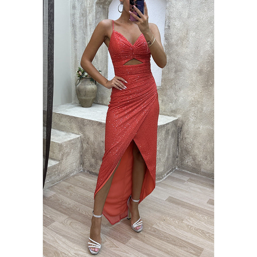 Shiny Sequin Strapless Dress with Slit and Zipper Closure