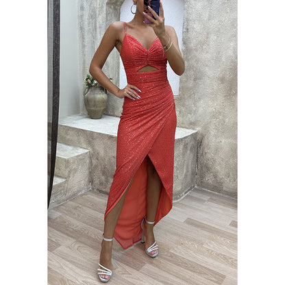 Shiny Sequin Strapless Dress with Slit and Zipper Closure