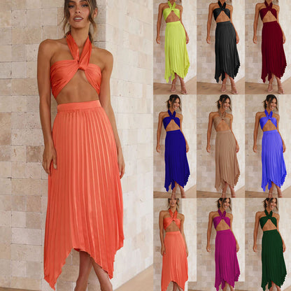 Sexy Multi-Pressure Pleated Skirt Set with Adjustable Belt Spring Summer Fashion Two-Piece Suit for Casual Vacation