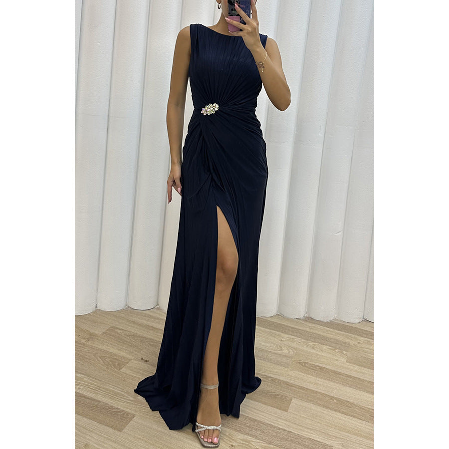Pleated Slit Casual Dress INS Sleeveless Fashion Dress Evening Gown Women