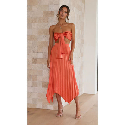 Sexy Multi-Pressure Pleated Skirt Set with Adjustable Belt Spring Summer Fashion Two-Piece Suit for Casual Vacation
