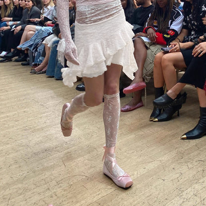 Sweet Ballet Style Irregular Hem Double Layer Lace Short Skirt Petite Fit Low Waist Versatile A-line Skirt