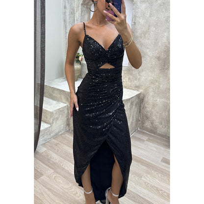 Shiny Sequin Strapless Dress with Slit and Zipper Closure