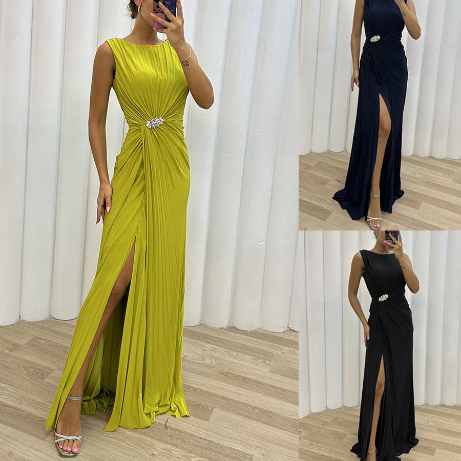 Pleated Slit Casual Dress INS Sleeveless Fashion Dress Evening Gown Women